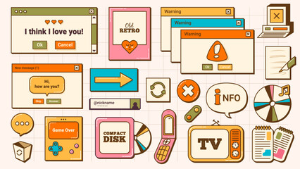 Fototapete - Set of Retro UI Elements and Icons in vintage colors. Old Computer Desktop Screen. Retro Vaporwave Vector Windows.