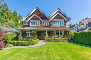 Wall Mural - Beautiful suburban home with a large front yard and lawn, blue sky background. The house has two floors, multiple windows, a wooden shingle roof, white trim around the doors and window frames