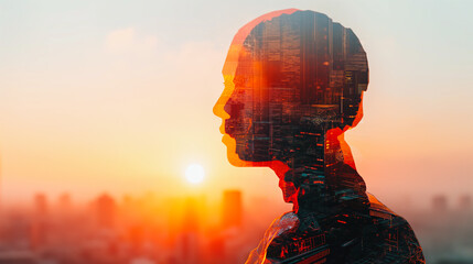 Poster - A silhouette of a person with a city in the background