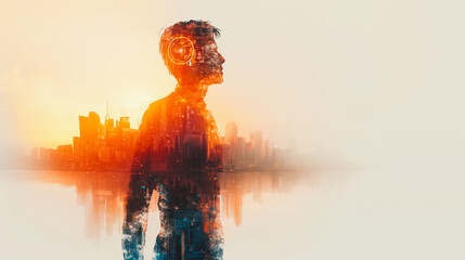 A man is standing in front of a city skyline with a city reflected in the water