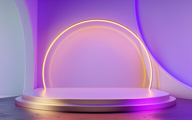 3D rendering sci-fi technology minimalist blue and gold stage podium with purple light.