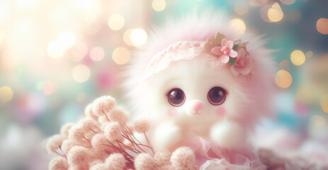 Wall Mural - Lovely fluffy cute doll with copy space pastel color, baby doll