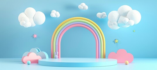 Wall Mural - Rainbow with clouds on the podium 3d render. Illustration of a holiday, weather, children's mock-up