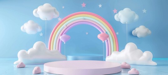 Wall Mural - Rainbow with clouds on the podium 3d render. Illustration of a holiday, weather, children's mock-up