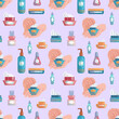 seamless pattern with different versions of cream jars and hands applying cream, for the design and decoration of packaging and postcards of a cosmetics store, spa salon