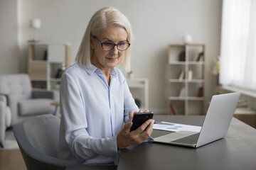 Canvas Print - Serious middle-aged businesslady using laptop sit at desk with laptop, lead correspondence by e-mailing with client, chatting on-line by business, check messages, download new e-business application