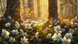 Sunlight filters through lush forest, highlighting vibrant white primroses