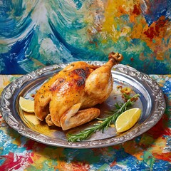 Wall Mural - roasted chicken on a plate.An appetizing roast chicken presented on a vintage metal plate, placed against a vivid acrylic painting with bold strokes and intricate patterns, infusing the dining experie