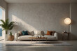  Living room interior wall mockup in white tones with leather sofa