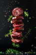 Savory Symphony: A Tower of Sliced Salami on a Midnight Canvas