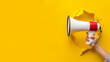 © Renata Hamuda - Hand Holding Megaphone Through Torn Yellow Paper Wall - Announcement Concept