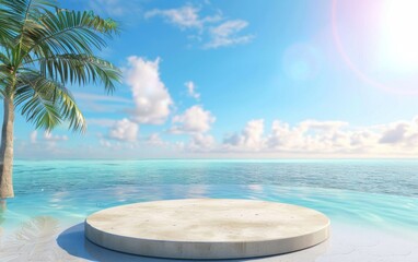 Wall Mural - Summer tropical background, Podium on sand beach on sea background, Mock up for the exhibitions, Presentation of products, 3d render