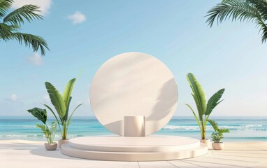 Wall Mural - Summer tropical background, Podium on sand beach on sea background, Mock up for the exhibitions, Presentation of products, 3d render