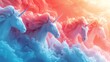 Utilize CG 3D rendering to depict a panoramic scene of unicorns and griffins delving into the complexities of dreams and nightmares, blending colors to represent the subconscious mind