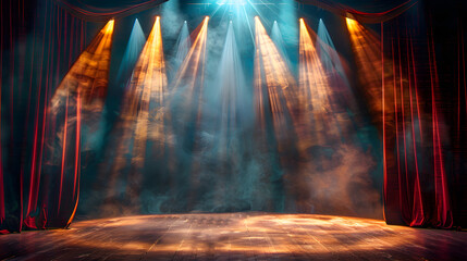 Poster - Theater stage light background with spotlight illuminated the stage for opera performance. Empty stage with classic and timeless backdrop decoration. Stage curtain. Entertainment show.