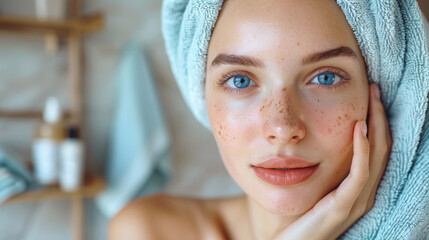 Wall Mural - Close-up portrait of a young attractive caucasian woman doing facial care in the bathroom.