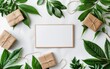 Tropical palm paper with box, envelope and white paper. Flat lay, nature concept, mockup