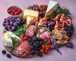 Gourmet cheese and charcuterie board on a pastel lavender background