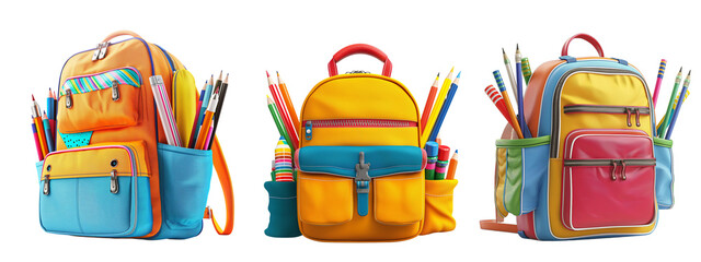 Colorful School Backpacks with Stationery for Back-to-School Season Isolated on Transparent Background, cut out. PNG