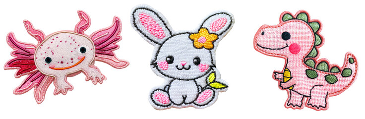 cute kawaii embroidered patch badge set on transparent background