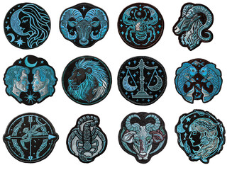 Zodiac signs embroidered patch badge set on transparent background