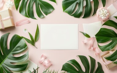 Wall Mural - Tropical palm paper with box, envelope and white paper. Flat lay, nature concept, mockup