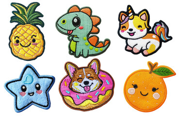funny kawaii embroidered patch badge set on transparent background