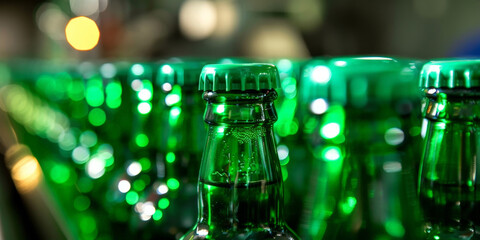 Wall Mural - A closeup of green bottles with green cap on the production line in an industrial factory, green bottle alcohol 