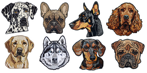 dogs breeds embroidered patch badge set on transparent background