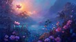 Whimsical flowers bask in a twilight glow, an ethereal botanical scene