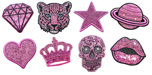 fashion pink embroidered patch badge set on transparent background