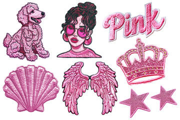 fashion pink embroidered patch badge set on transparent background