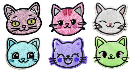 cute kawaii cat face embroidered patch badge set on transparent background.