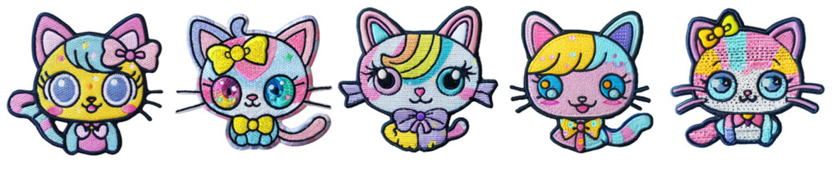 cute kawaii kitty embroidered patch badge set on transparent background.