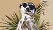   A meerkat wearing sunglasses, surrounded by palm leaves around its neck