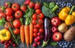 Nutritious organic food. Super foods. Vegetables and fruit. Broccoli, tomato, watermelon, cucumber, onion, oranges,  blueberries, pepper, raspberry, strawberry. 