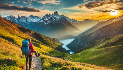 mountain travel hike people adventure man summer journey tourism group sunset trekking. hike travel 
