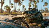 Fototapeta Tulipany - Powerful Crocodile Driving Convertible Race Car on Sunny Tropical Beach with Palm Trees