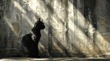   A Black Cat Sits In Front Of A Wall, Its Face And Head Shrouded By A Shadow Casting Beside It
