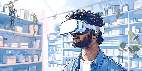 Poster - virtual salesman demonstrates innovative products using vr headset in workspace