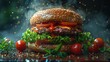 Floating gourmet burger buildup dramatic side lighting for layered texture and shadow detail vivid colors cinematic