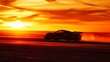 Sports Car Racing on Track at Sunset Silhouette, Fiery Sky