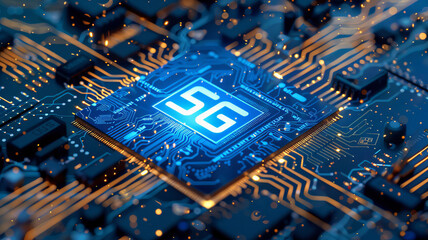 Fototapete - Futuristic AI 5G network technology on circuit board complex with glowing central processor, blue neon light. High Speed Connectivity Concept.