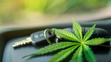 Fototapeta Konie - Cannabis marijuana Leaf and Car Keys, Representing Driving Under Influence. Concept dealership, transportation of drugs, hemp and leaves.