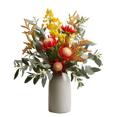 A beautiful floral arrangement of Australian native red and yellow Waratah flowers eucalyptus leaves and wax flowers in a stylish grey vase with a white background