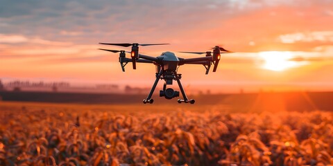 Poster - High Tech Aerial Farming Drone Surveying Vibrant Crop Field at Sunset