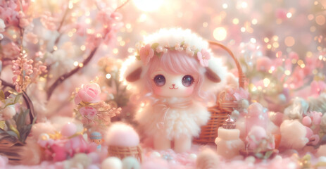 Lovely fluffy cute doll sheepwith copy space pastel color, baby doll