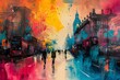 Abstract Painting of London Street Scene with Iconic Red Double-Decker Bus