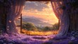   A painting of a window overlooking mountains and a lavender field