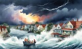 Watercolor illustration of a Urban flood scene with submerged cars and people in rafts under a stormy sky. Water floods city streets, illustrating a dramatic natural disaster.